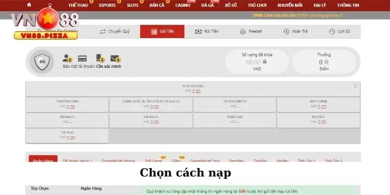 Chọn cách nạp tiền VN88